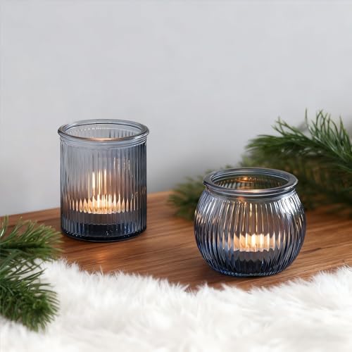 NITIME 12pcs Assorted Blue Votive Candle Holders for Wedding Decor, Ribbed Tea Lights Candle Holder, Glass Candle Holder for Table Centerpiece, Party and Holiday Decorations - color: Blue