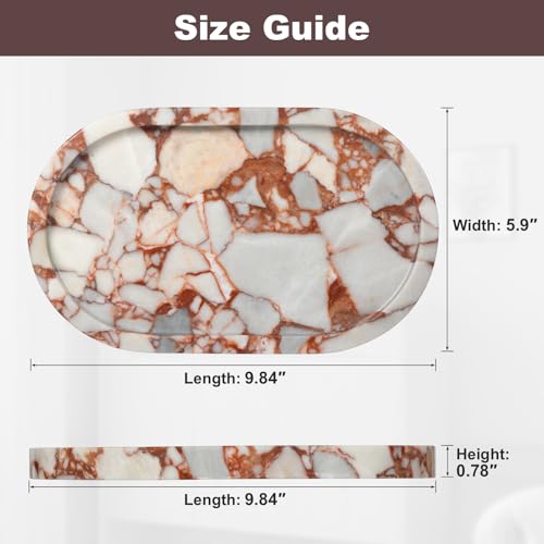Red Marble Oval Tray 10x6 Inch - Vanity & Bathroom Organizer, Jewelry Dish, Coffee Table Decor - Natural Stone Desktop Catchall - style: Calacatta Red - 1 Pack