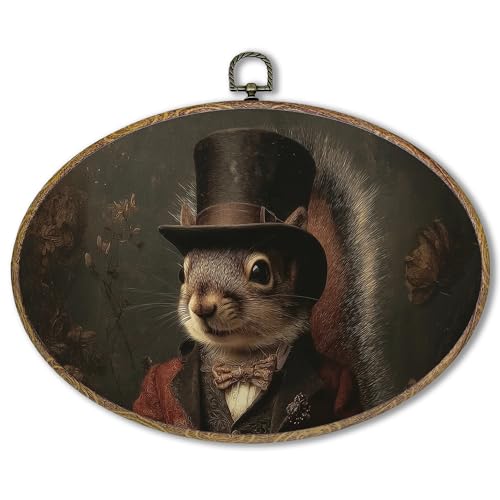 Hxlac Victorian Squirrel Rectangular Wall Art Framed, Vintage Victorian Style Animal Rectangular Wall Decor, Autumn Squirrel Hanging Canvas Prints Wall Sculptures for Farmhouse Home Room Decor, 11.5x8.5 Inch - color: squirrel oval