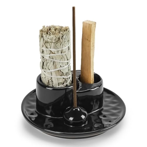 Palo Santo Sticks Holder, Multi-Purpose Handmade Ceramic Incense Burner for Palo Santo Incense Sticks, Sage Holder for Burning, Ash Catcher Tray for Meditation Yoga Room (Black) - color: Black