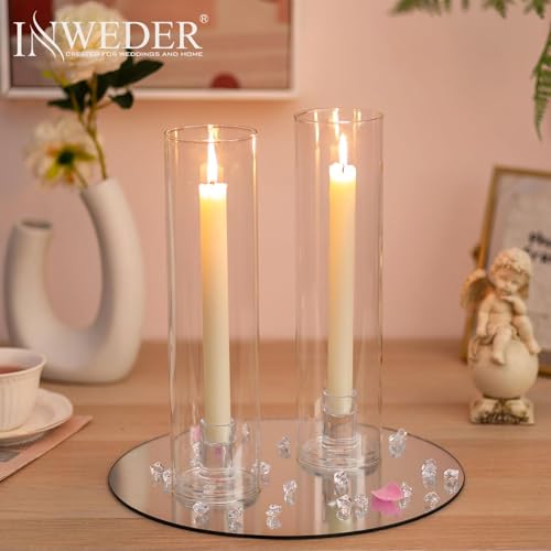 Glass Hurricane Candle Holder: 11.8" Tall Candlestick Holder with Cylinder Windproof Cover Clear Taper Candle Holders for Wedding Party Birthday Christmas Home Decor Set of 2 - size: 11.8" H - 2 Pcs