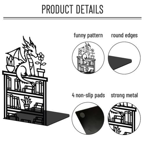 WADORN Dragon Reading Book Metal Bookends for Shelves Decorative 1 Pair, Heavy Duty Books End Support Non-Skid Book Holder Black L-Shaped Book Stopper for Home Office Desk Book Divider, 4.7x3.5x7 Inch - color: Dragon Bookshelf