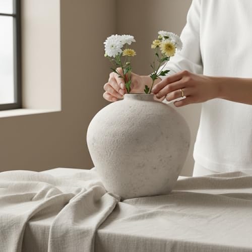 Handemade Large Round Vase for Centerpieces, White Rustic Vase Farmhouse Decor, Distressed Textured for Home Decorations, Earthy Room Decor Aesthetic, Stone Look Ceramic Clay Pottery, 9 inch - color: White