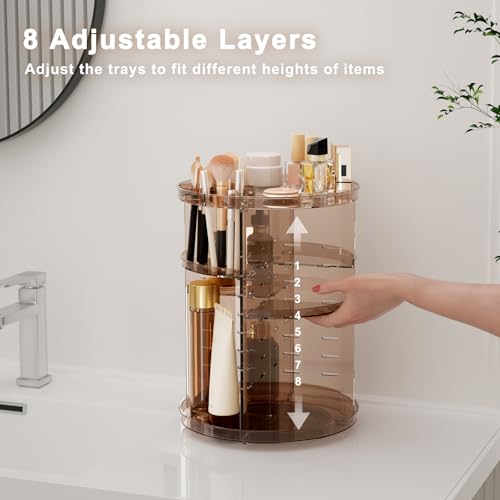 Rotating Makeup Organizer Countertop, DIY Adjustable Trays Spinning Skincare Organizers, Cosmetic Display Shelf with Perfume & Brush Holder, Multi-Function Desk Storage Carousel for Vanity Bathroom - color: Clear Coffee