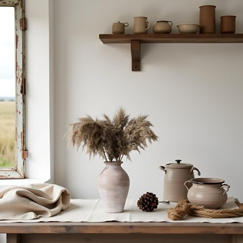 LUKA Ceramic Rustic Farmhouse Vase, 9.2 inch Whitewashed Terracotta Vase, Pottery Decorative Flower Vases,Clay Decorative Vases for Home Decor, Table, Living Room, Shelf, Mantel Decoration - color: Terracotta White