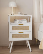JOONEE Rattan Nightstand,Farmhouse Bedside Table with 2 Storage Drawer and Open Wood Shelf, for Bedroom and Small Spaces,Night Stand with Solid Wood Legs (White) - color: White