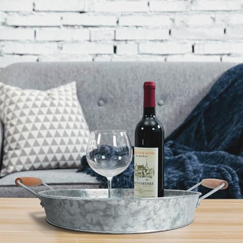 Round Metal Tray with Wooden Handle, Modern Industrial Style, Sleek Rustic Storage Display Coffee Table Home Decor Tray (Clear)