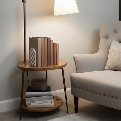 Boho Bookends Walnut Wood Beige Checkered Bookends for Shelves, Heavy Duty L-Shape Decorative Book Ends with Non-Slip Base, Boho Aesthetic Desk Decor for Organizing Book Home Decor