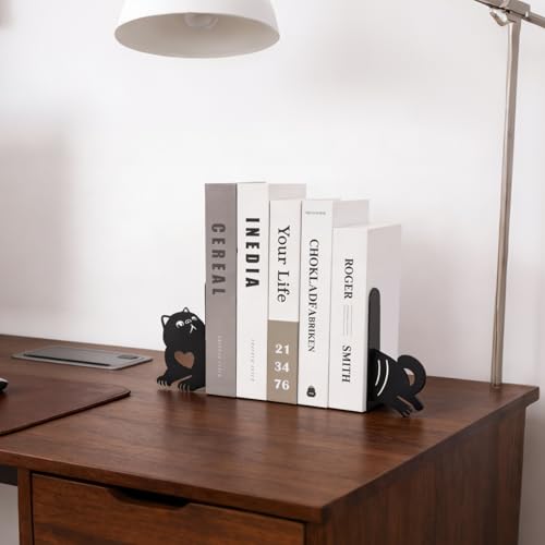 Book Ends, 1 Pair Cute Cat Metal Bookends, Creative Decorative Book Holders for Home Office Bookshelf, Cat Lovers Gifts, Library Desk Book Stopper for Shelves, Exotic Shorthair - style: Exotic Shorthair