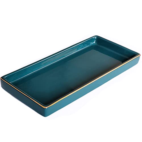 10 x 5 Ceramic Bathroom Tray for Countertop, Decorative Vanity Tray for Dresser Tops, Small Rectangular Trays for Perfume, Candle, Jewelry, Cosmetics (Green) - color: Green