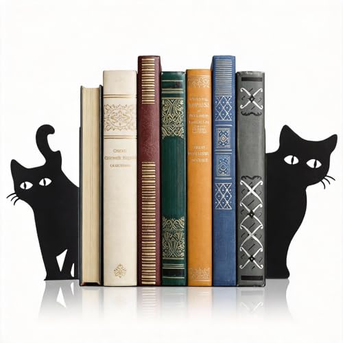 Peeping Cat Bookends Set of 2 - Heavy Duty Metal Bookends for Study & Office Bookshelf, Decorative Cat Lover Gifts, Non-Slip Book Organizers with Whimsical Peeking Cat Design