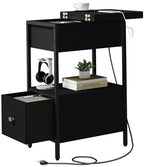 SOOWERY End Table with Charging Station, Narrow Side Table with Flip Top Cabinet and Fabric Drawer, Nightstand Bedside Tables for Small Spaces, Bedroom, Living Room, Black - color: Black