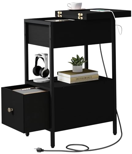 SOOWERY End Table with Charging Station, Narrow Side Table with Flip Top Cabinet and Fabric Drawer, Nightstand Bedside Tables for Small Spaces, Bedroom, Living Room, Black - color: Black