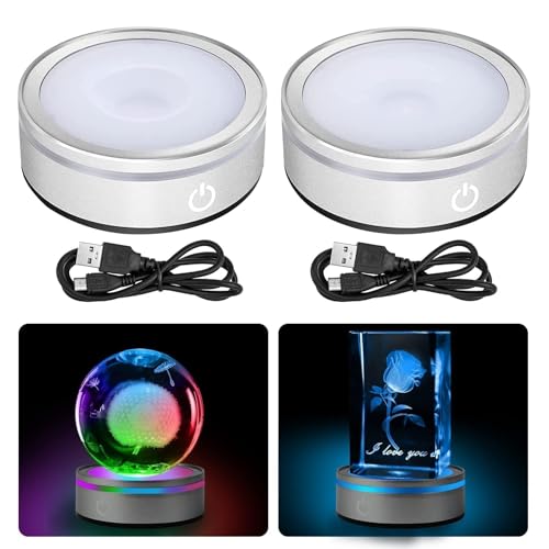 EEEKit 2 Pack 6 Colors LED Light Base, 3-inch Non-Slip Round Stand Display Plate Flat & Spherical Recess Show Crystal Ball Stand for 3D Crystal Glass Art - color: Round