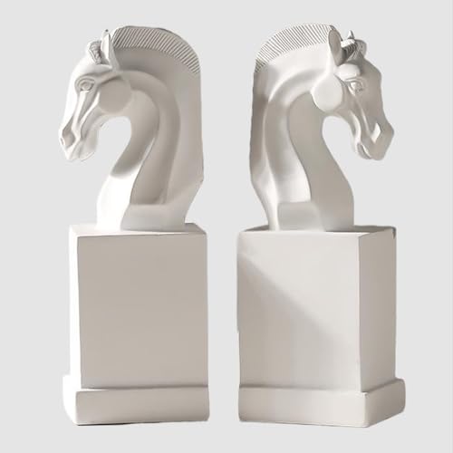 Decorative Horse Bookends Sculptural - Modern Minimalist Resin Bookends for Shelves - Heavy Duty White Book Holder for Modern Living Room Home Library Office Desk, Gift for Book Lovers