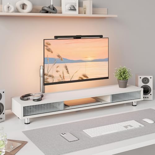 Fenge Dual Monitor Stand, 42.5inch Long Monitor Stands Riser for 2 Monitors, Sliding Door with Storage Organizer Stand for Desk, 2 Tier Desk Shelf for Laptop, Pc, Printer, Computer, TV - color: White