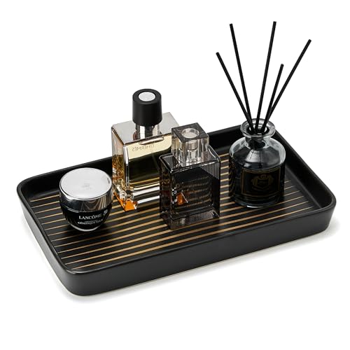 10"×6"×1" Black Bathroom Vanity Tray for Countertop- Ceramic Decorative Organizer Tray for Dresser Tops, Toilet, Perfume, Sponge Holder Soap Dish Dispenser for Kitchen Counter- Golden Stripes - color: Black Color With Golden Stripes-1 Pc