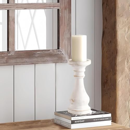 CedarLux Rustic Pillar Candle Holder, 8.5 Inch Tall White Wooden Candlestick Holders, Farmhouse Candle Stands for Pillar Candle, Decorative Wood Candlestick Holders for Living Room, Table Centerpiece - size: 8.5"H
