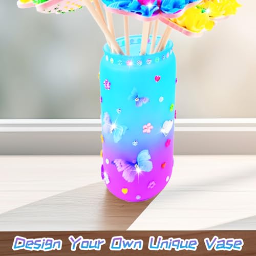 FJBICODA Poke Art Flower Bouquet Craft Kit - Arts and Crafts for Girls Ages 5-12 - Make Your Own Bouquet with 8 Flowers 2 Butterflies & 1 Vase - DIY Activities Gifts for 5 6 7 8 9 10+ Year Old Kids