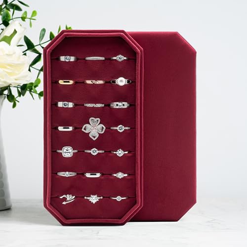 Velvet Ring Organizer Display Tray Jewelry Box Earring Holder Case for Wedding Birthday Christmas Day (Red) - color: Red