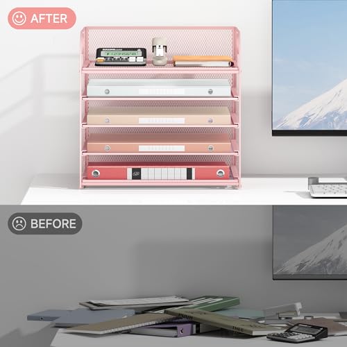 5 Tray Paper Organizer Letter Tray with Handle - Mesh Desk File Organizer, Paper Sorter Organizer for Office, Home or School File Folder Holder - Pink - color: 5 Tier - Pink, size: 12.6" x 9.1" x 11.5"