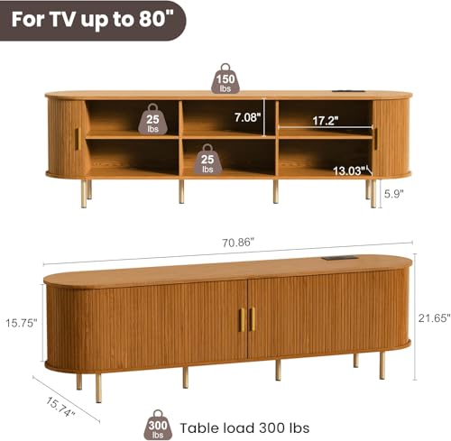 DHH 70.8 Inch Mid Century Modern TV Stand with Power Outlet for TVs up to 80 Inch, Entertainment Center with Storage and Adjustable Shelves, Media Console with Sliding Doors for Living Room(Yellow) - color: Yellow Walnut, size: 71 Inch