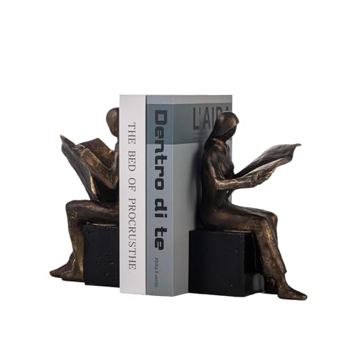 Lukitas Decorative Newspaper Reader Bookends, Heavy Duty Book Holder Non-Slip, Vintage Home Décor Accessories for Study Office Bookshelf, Bronze, Resin, 1Pair/2Piece 8'' - color: Newspaper Reader