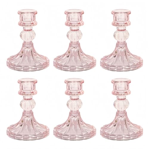 Glass Candlestick Holder,Striped Taper Candle Holders,Set of 6 Candle Stand for Table Centerpieces, Home Decor,Weddings,Festival and Parties (Light Pink Stripe) - color: Light Pink Stripe