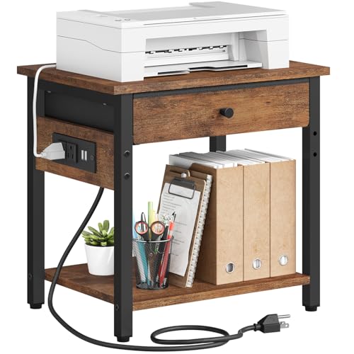 Gewudraw Printer Stand with Charging Station, 2-Tier Under Desk Printer Table, Side Table with Storage Shelves for Home Office, Living Room, Bedroom, Bathroom, Brown - color: Rustic Brown, size: 2 layer & CS