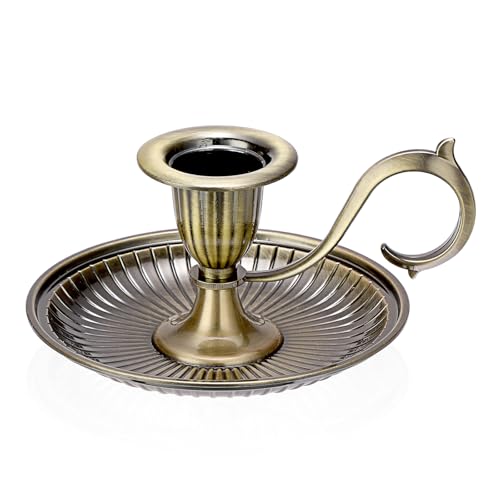 OwnMy 1 Vintage Candlestick Holder Decor, Antique Brass Taper Candle Holder with Carry Handle and Candle Drip Catcher Tray, Eleagnt Taper Candle Stand for Wedding Dining Table Centerpiece, Bronze - color: Bronze