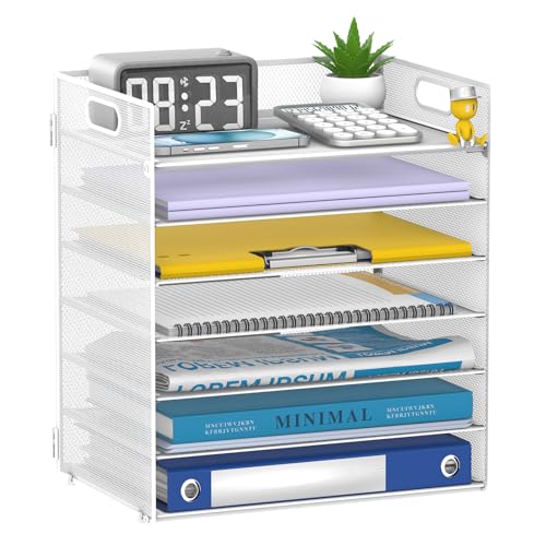 7 Tier Paper Organizer - Mesh Desktop File Holder with Handles for Office School Desk, Black (White) - color: White