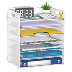 7 Tier Paper Organizer - Mesh Desktop File Holder with Handles for Office School Desk, Black (White) - color: White