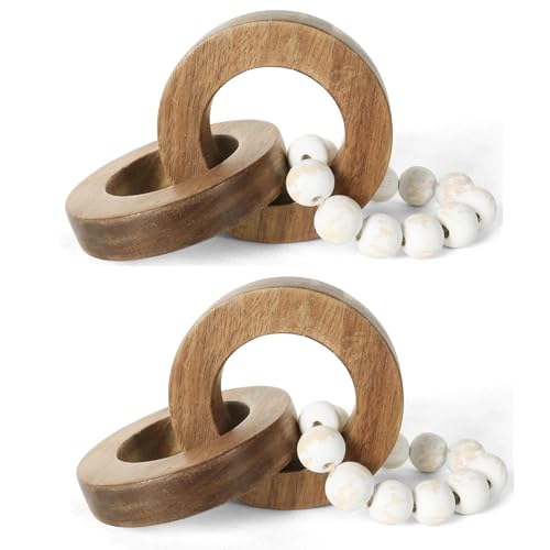 Oakrain 2pcs Wood Chain Link Decor, Minimalist Home Décor Accents, Natural Boho Farmhouse Rustic Handmade Wood Knot Decor for Shelf Coffee Table, Best Housewarming Gifts - style: 3 link (2 Pack-Acacia wood)