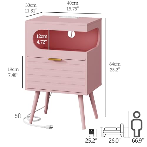 Veegle Nightstand,Modern Bedside Table with Storage Drawer and Open Wood Shelf, Accent Night Stand with Solid Wood Legs for Living Room, Bedroom and Small Spaces,Easy Assembly (Pink) - color: Pink