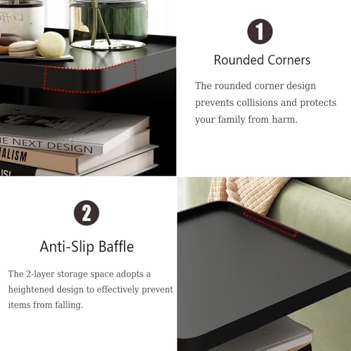 Black Modern Side Table, 2 Tier Small End Tables Bedroom, Metal Side Tables Living Room with 4 Legs, Black Nightstand Square Accent Table for Indoor Outdoor, Easy Assembly - color: Black, style: Rectangular