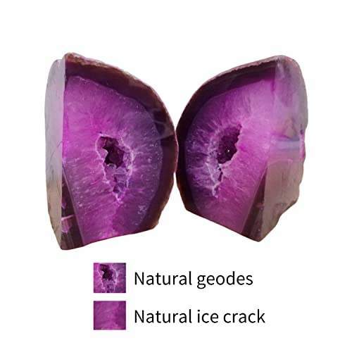 Agate Bookends Pair - Natural Geode Style, Dyed Pink 3-4 lbs Heavy Duty with Rubber Bumpers | Non-Slip Crystal Bookends for Heavy Books | Unique Home Decor - color: Pink, size: 3-4LBS