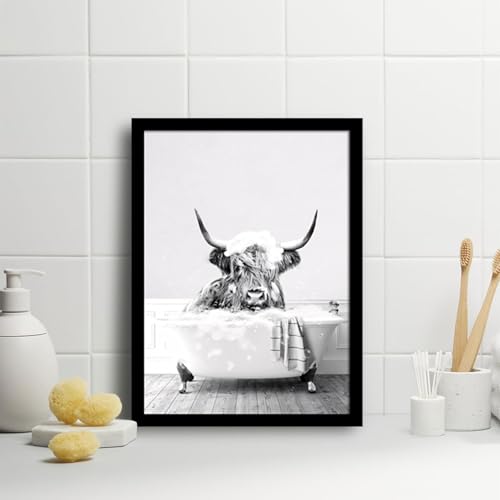 Highland Cow Bathroom Wall Art Set of 2 Framed Canvas Prints Funny Farm Animal Bathtub Artwork Black and White Rustic Modern Wall Decor Pictures with Solid Wood Frame & Acrylic Cover Cute wall decor 12X16IN - color: Highland Cow, size: 16"L x 12"W