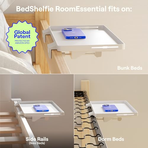 BedShelfie Bedside Shelf for Dorm Room Bunk Bed & Top Bunk, College Dorm Room Essentials, Bedside Caddy, Clip on Floating Tray, Bed Side Table Storage, Loft Nightstand Decor - Dorm Essential, White - color: White, size: DormEssential (15.1 x 10.5 inches)
