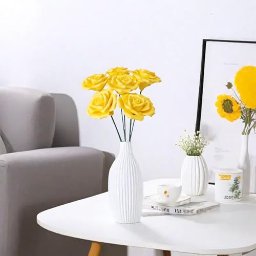 Handmade Porcelain 3D Ceramic Rose Flower, Eternal Flower Decoration for Home Office Decor, Creative Desktop vases, Porcelain Decorations, Exquisite, Set of 6 (Yellow) - color: Yellow