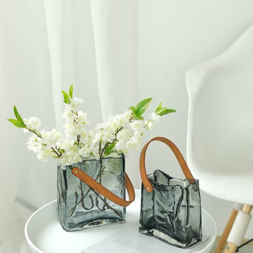 Handmade Leather - Handle Handbag - Style Glass Vase - Simple Elegance for Your Space (Gray) - color: Gray
