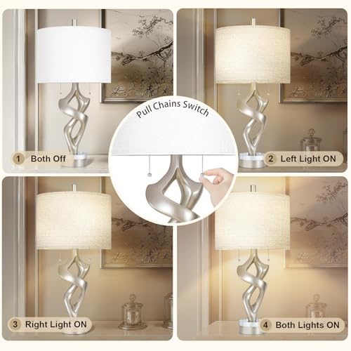 Scenekoy Sculptural Resin Table Lamp Set of 2 with USB Ports for Bedroom Living Room, 26” Antique Silver Leaf Dual Pull Chains Bedside Lamps, Nightstand Lamp for Home Room Decor (Bulbs Included) - size: 26 inches Silver Leaf -028-SL