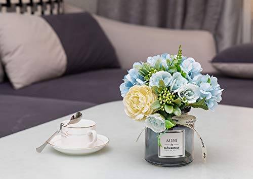 MOOMASS Artificial Flowers with Vase, Hydrangea Hand Bouquet and vase, Ins Style Artificial Flower Set, Suitable for Living Room, Dining Table, Office, Wedding, Hotel Banquet Home Decoration. (Blue) - color: Blue + Beige