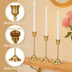 Candlestick Holders, 6 PCS Brass Gold Metal Taper Candle Holder with Adhesive Wax fits 3/4 Inch Long Candles, Vintage Modern Candle Holders for Table Mantel Wedding Housewarming Gift