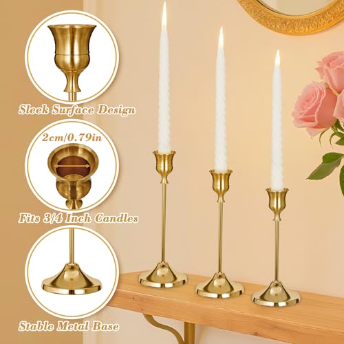 Candlestick Holders, 6 PCS Brass Gold Metal Taper Candle Holder with Adhesive Wax fits 3/4 Inch Long Candles, Vintage Modern Candle Holders for Table Mantel Wedding Housewarming Gift