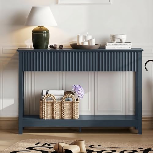 Treocho 47" Fluted Console Table with 3 Drawers, Narrow Long Entryway Table with Storage and Shelf, 2-Tier Sofa Table Behind Couch Accent Tables for Entrance Foyer, Hallway, Living Room, Blue - color: Blue