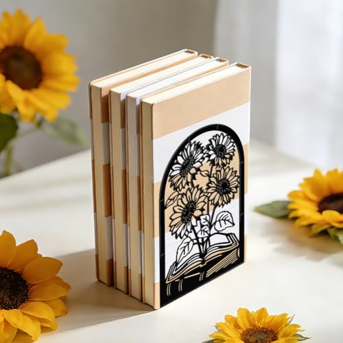 WADORN 1 Pair Sunflower Metal Decorative Bookend for Shelves, Heavy Duty Book Ends Modern Non-Skid Books Holder Stand Black Book Support Stoppers for Desk Bookshelf Office Home, 5.3x4.3x7.8 Inches - color: Sunflower