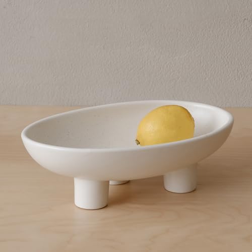 WENSHUO Three-Legs Ceramic Fruit Bowl for Kitchen Counter, Decorative Bowl for Table Décor, 10-inch Oval Large Bowls for Breads (Nacre White) - color: Nacre White