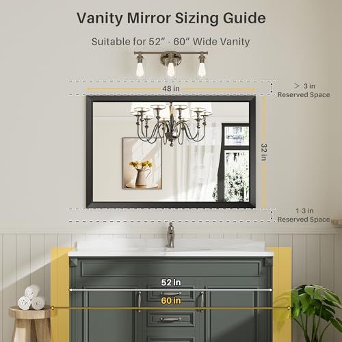 Briivue 48x32 Inch Black Bathroom Mirror for Wall, Thick Metal Framed Rectangle Mirrors for Over Sink, Bedroom, Living Room, Entryway, Anti-Rust, HD Tempered Glass - color: Black, size: 48"L x 32"W