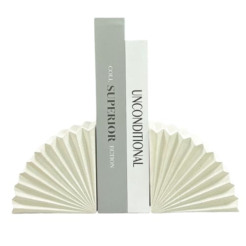 Fan Shape Book Ends Decorative Bookends for Shelves, Modern Fan Bookends for Bookshelf Decor, Minimalist Decorative Book Stoppers for Home Office - color: Geometric Fan - Off White