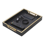 Wooden Structure Leather Decorative Coffee Table Square Tray, Farmhouse Counter PU Tray - Room Serving Trays, Brushed Champagne Gold Handle (Black) - color: Black